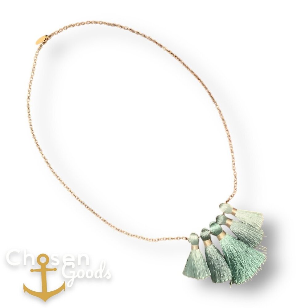 Miss Ivy Pearl Five Tassel Necklace Teal Blue Turquoise 14" Gold Chain RV $38